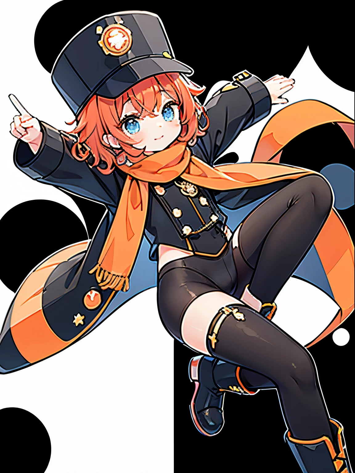 a age guy,Short orange curly hair,Blue-eyed,Black plush scarf,Red conductor uniform,punky style,Stretch out your arms,ssmile,tall black hat,long bunny ears on hat,Long boots,punky style,〈White background 1::5〉,little sun background