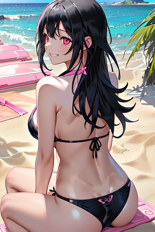 ((masterpiece、top-quality:1.5、a high chroma:1.5、ultra-detailliert、high-resolution illustrations:1.5、Ultra-high-definition CG、8k size wallpaper、offcial art))、,(cute face:1.5)、(grin:1.3),
((Shining pink eyes:1.5))、((micro enamel bikini :1.5)),((metallic black:1.5)),(erotic oil skin:1.5),(), ((large breasts:1.3))、
,(from behind:1.5),(upper body:1.5)、(midsummer beach.:1.5)、((sitting on the beach and (looking at the sea):1.5)),girl with, masutepiece,