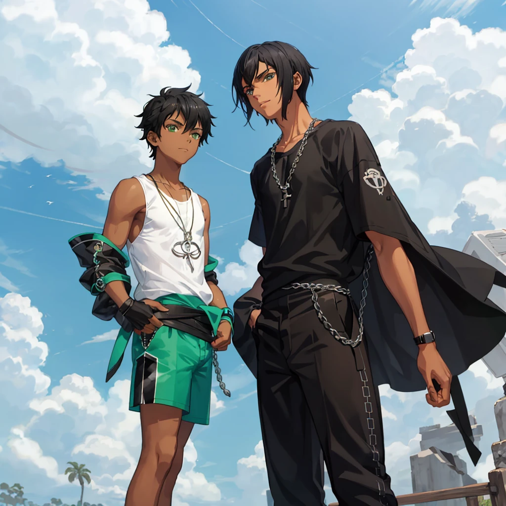 (foco frontal),Anime - style illustration of a boy with an oversize green tank top and chain around his waist, "(melhor qualidade,ultra-detalhado),detailed right hand,(Luva sem dedos,Gloved hands), | | |, personagem de anime masculino, Fundo da cidade, Sunset gradient background, Corte de cabelo desbotado, Adolescente negro, INFO proportion of African American youth under the age of 16.9