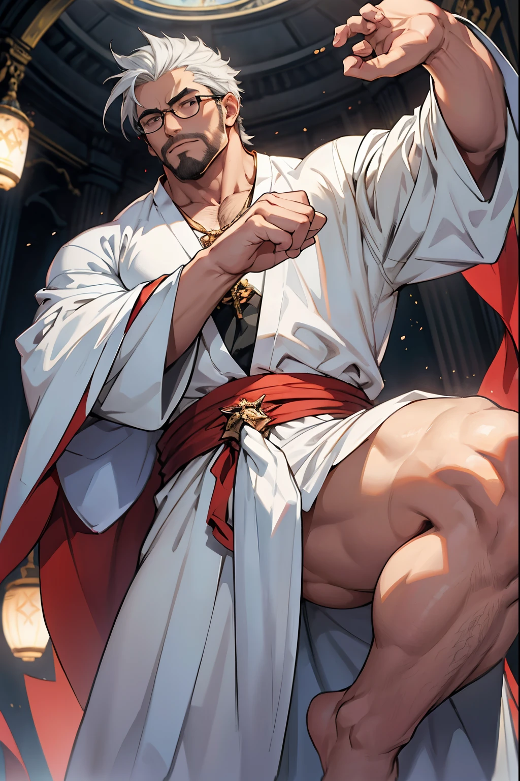 dynamic angle,gacha ssr character,masutepiece、Best Quality、Solo Male、Sensual body、burly、muscular、thick eyebrow、eye glass、35-year-old man、White shorthair、All Back Hair、cropped hair、Magic Chanting、holly effect,Dark Fantasy、holy wizard、Wearing an erotic white robe with luxurious decorations、matured male、thighs thighs thighs thighs、Muchimuchi、bulge in the crotch area、hyper pecs,