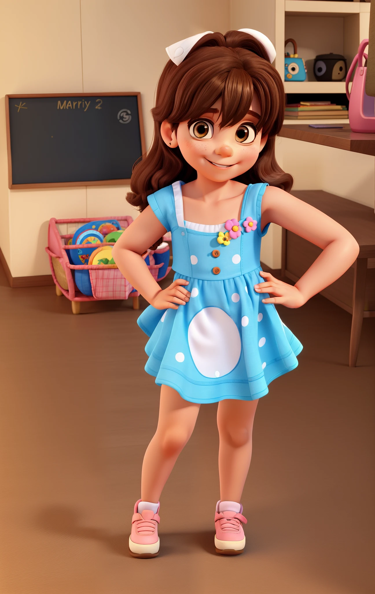 Child with a smile on his face. She has brown hair and wears a Samsão bunny dress from Turma da Monica.. Olhos pretos. Escreva no quadro negro ao fundo o nome "MARIAH". criar essa imagem 3d no estilo Pixar Disney, alta qualidade, maior qualidade