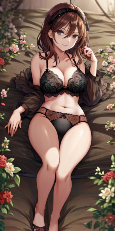 ((full body)), 2d,  (beautiful detailed eyes:1.6), extremely detailed face, perfect lighting, extremely detailed CG, (perfect hands, perfect anatomy), masterpiece, best quality, anime, highly detailed, 1girl, solo, cowboy shot, medium hair, nakano miku, brown hair, hair between eyes, medium breasts , ((black lace bra:1.4)), ((black lace panties:1.4)), ((lying on back)), bed, ((wide smile)), looking at viever, ((Show feets)),