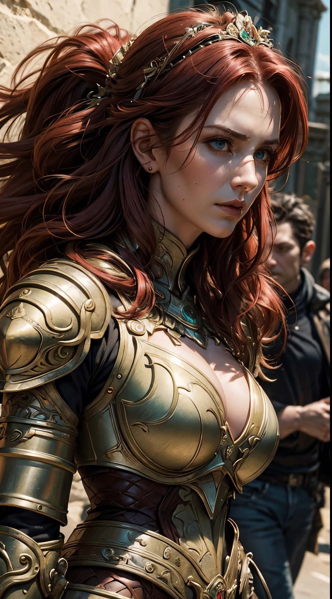 1 woman, mature Irish woman, 30 years old, solo focus, red medium hair, fashion hair, light green eyes, big breasts, toned body, worn battle armor, battle poses, masterpiece, ultra HD, raw photos, detailed skin textures, detailed face, detailed hair, detailed headpiece, perfect hands, dynamic angle