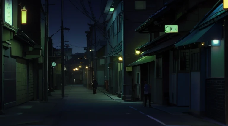 Anime scene of a man and a woman walking down a dark alley, anime scene, ( ( Shinkai sincerely ) ), tokyo anime anime scene, On the streets at night, Shinkai sincerely. —h 2160, Shinkai sincerely!, Japanese town at night, Makoto Shinkai's style, Opening scene, beautiful anime scenes