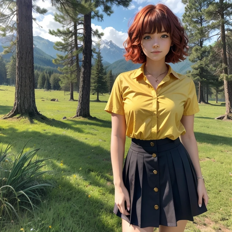 1girl, pretty face, 18 years old, red hair, short hair, hair curled at the end, bangs, hair very neat, green eyes, yellow shirt, bright yellow shirt, bright yellow button-down top, school girl brown skirt BREAK standing, open meadow, forest, mountains in background
