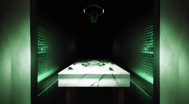 Dark room with a bed,green light on, video static, There is a skull above the table, hyperrealistic”, hyperrealistic”, hyperrealistic”, Refik Anadol, hyperrealistic”, hyperrealistic”, tokujin yoshioka, museum diffuse lighting, marble table, mystical!!, award winning”, award winning”, conceptual installation, White table