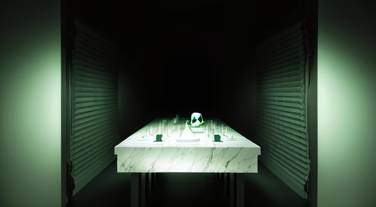 Dark room with a bed,green light on, video static, There is a skull above the table, hyperrealistic”, hyperrealistic”, hyperrealistic”, Refik Anadol, hyperrealistic”, hyperrealistic”, tokujin yoshioka, museum diffuse lighting, marble table, mystical!!, award winning”, award winning”, conceptual installation, White table