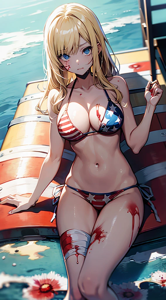 1girl,american flag 比基尼,anklet,barefoot,bed,bed sheet,bespectacled,比基尼,blonde hair,Blue eyes,bracelet,breasts,cross,cross earrings,curtains,earrings,flag print,glasses,high heels,jewelry,large breasts,long hair,looking at viewer,on bed,parted lips,red-framed eyewear,red footwear,Rosalina,Saint Quartz \(fate\),seashell,shell,独奏,star \(symbol\),star earrings,star hair ornament,star necklace,star pasties,star print,starfish,starry background,swimsuit,toenail polish,toenails(A woman in high heels is lying in bed.:1.2),best quality,masterpiece,Amazing,delicate,ultra detailed,ultra high res,8k,8k resolution,((No text)),symmetrical face,Camcorder Effect,sharp focus,(extremely detailed CG unity 8k wallpaper),extremely detailed cg unity 8k wallpaper,(lying:1.2),bunny pose,