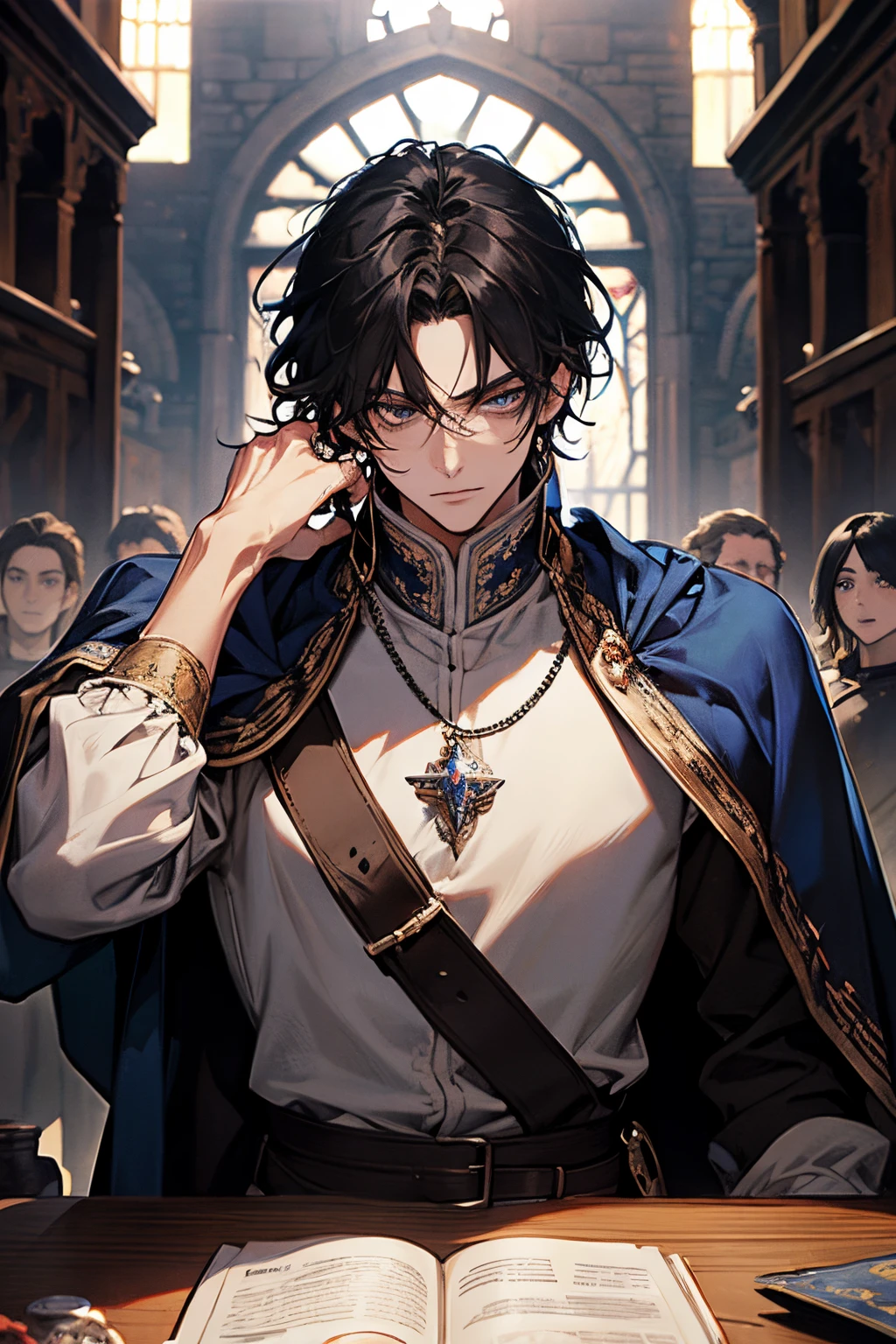 Man's, messy black hair, Blue-gray eyes, Beautiful, lean body, royalty, Prince, Medieval fantasy, castle