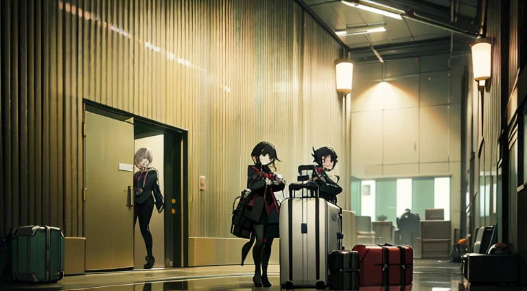 There are many suitcases lined up in the building, VA-11 Hall-A, Madhouse Studio anime style, In animated films《Ergo Agent》Curly, Opening scene, anime scene, ( ( Shinkai sincerely ) ), in anime series《ergo proxy》Curly, Kuro anime screenshots, tokyo anime anime scene