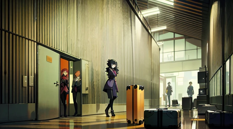 There are many suitcases lined up in the building, VA-11 Hall-A, Madhouse Studio anime style, In animated films《Ergo Agent》Curly, Opening scene, anime scene, ( ( Shinkai sincerely ) ), in anime series《ergo proxy》Curly, Kuro anime screenshots, tokyo anime anime scene