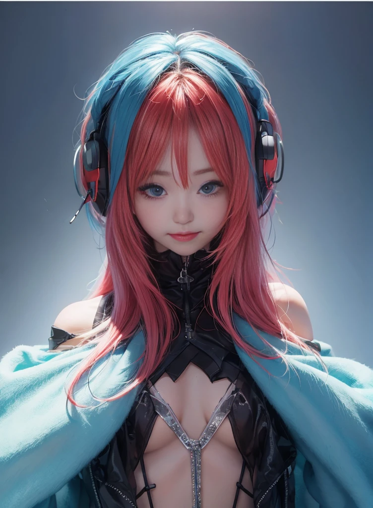 red hair and long hair，Nice face，blue and black bikini，Heterochromatic pupil，ssmile，apathy，比基尼，Full body photo，the soft light，Headsets