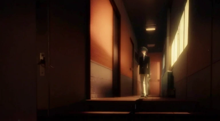 There is a person standing in the corridor,There is light coming in from outside the door, Screenshots from the 2012 animation, Standing in a dimly lit room, in the anime film, Still from TV animation, anime movie screenshot, Today’s recommended anime is still, Kuro anime screenshots, Screenshot of the animated movie, Opening scene