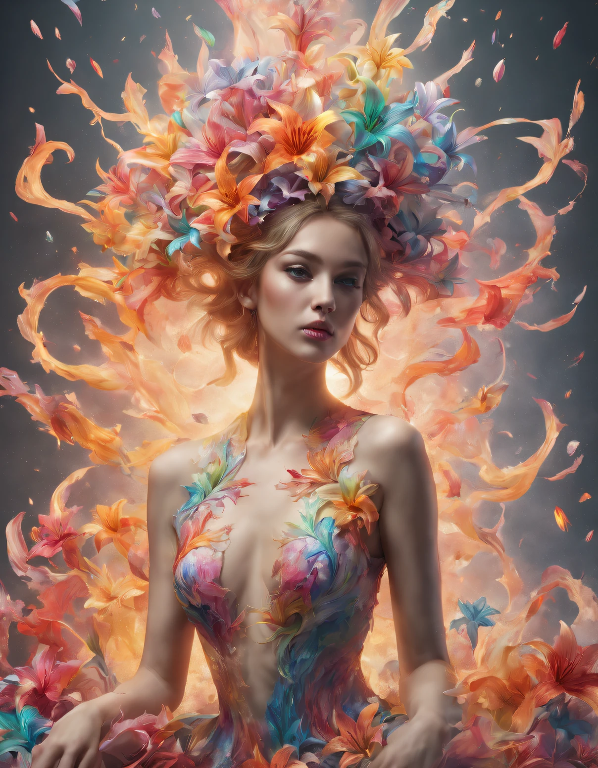 double contact，An explosion of rainbow colored lilies，Realistic girl，（the lilies：1.1）,Rendered by Octane，unreal-engine，Rococo paper cutting，