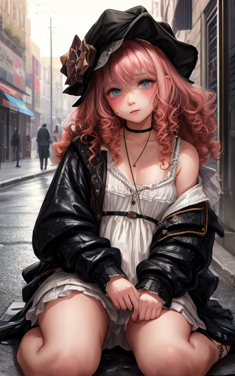 (Modelshoot style), Sad little homeless girl ((wear old clothes)), (Shy), 1girl in, Solo, red curly hair, Very detailed face, Beautiful eyes, [chubby], Adorable, With rosy cheeks and bright, sad eyes, ????????????,in a street( Sucking ),??? shots,??? on facial,Rejoicing face,Nasty face,small tits,stunningly beautiful, (Rembrandt lighting), ZEISS lens, A hyper-realistic, (High detailed skin:1.2), 8K UHD, Digital SLR, Dramatic Rim light, High quality, FujifilmXT3,Crowded streets,men line up,