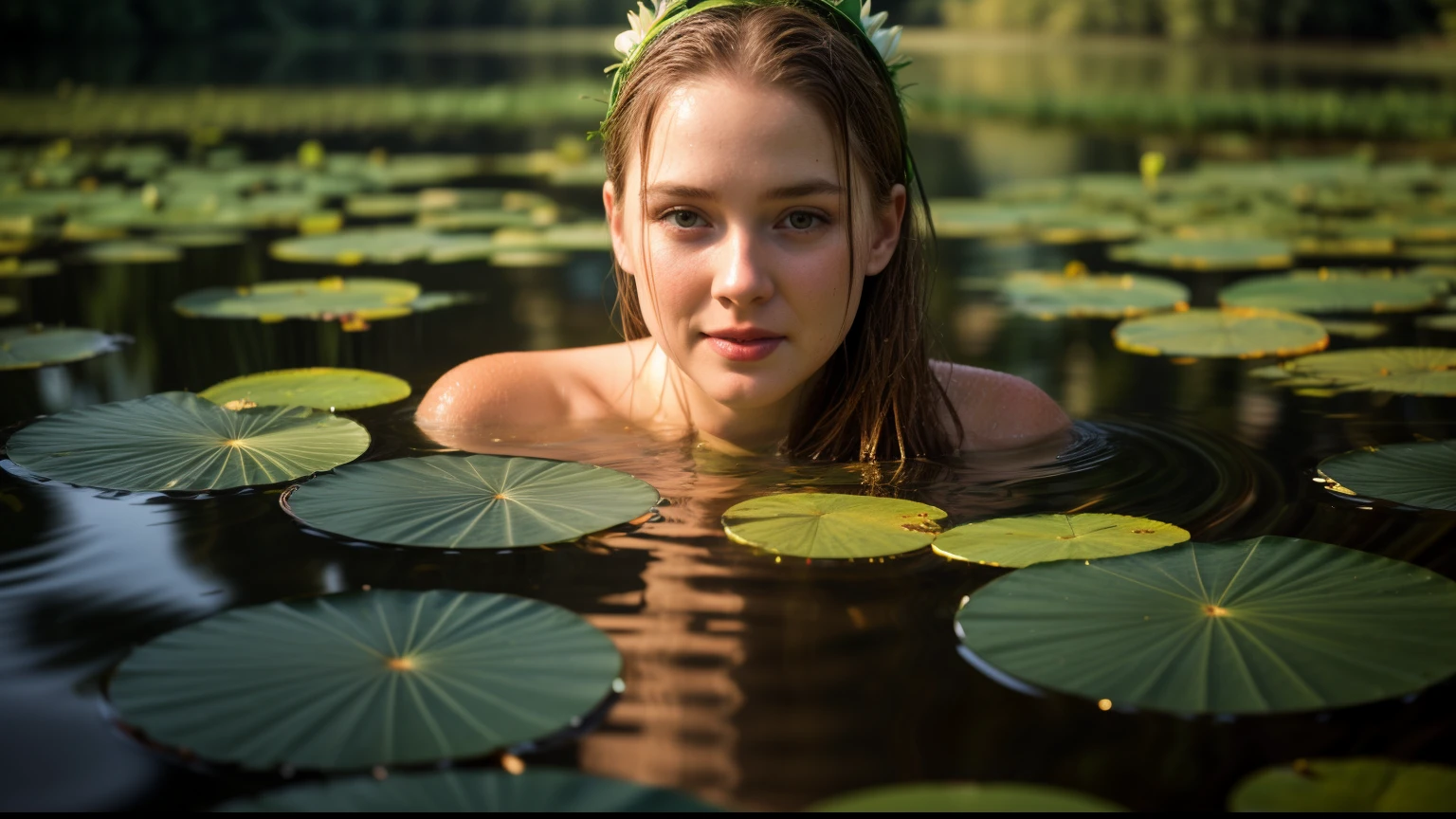 there is a caucasian woman in the water with lily pads on her head, in a pond, nymph in the water, in water up to her shoulders, in water, lying on lily pad, in a lake, in the water, floathing underwater in a lake, lily pad, emerging from the water, hyperrealist portrait in a river, standing in a pond, wet hair, dream like, dramatic light, masterpiece, 4k resolution, symmetrical face,