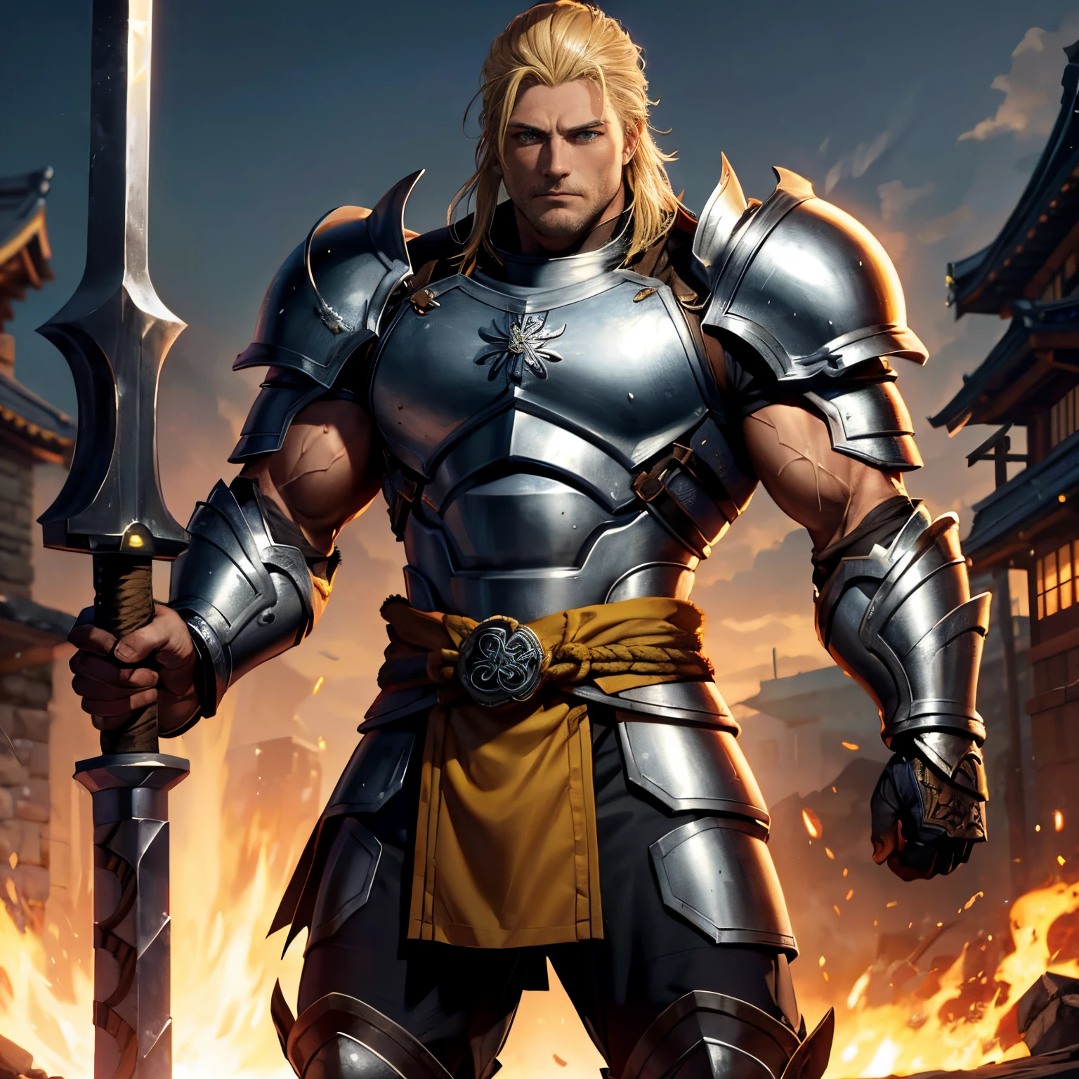 of a man,Muscle tissue,Wearing metal armor,Shogun,blond hair blue eyes,big hammer