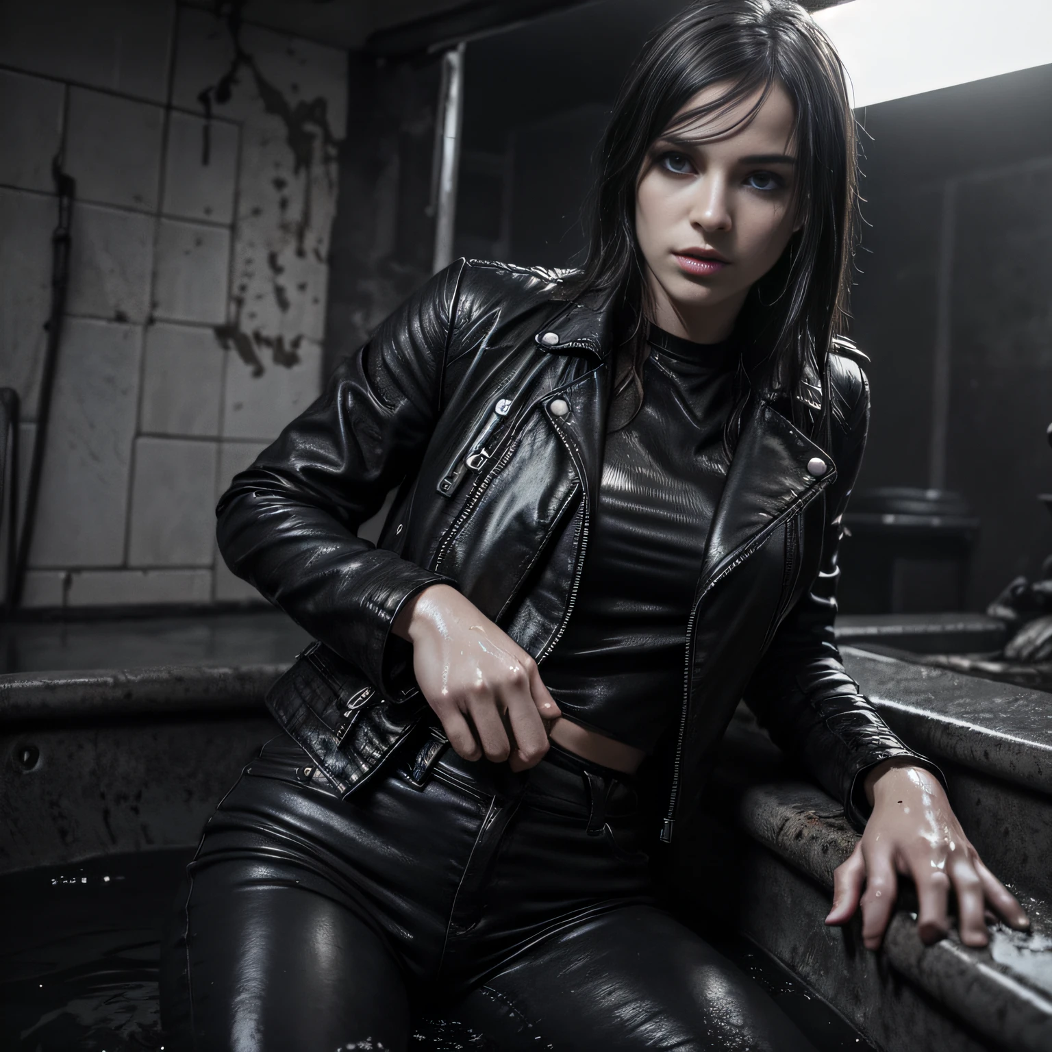wet heavy leather jacket,Wet flared jeans, blouse,Humiliating pleasure,swamp, Forest swamp,drowning in a swamp,Lustful,desire,Seductive expression,Mysterious atmosphere,Vivid colors,hight resolution,moody lighting,Contrast,vicious sexuality,Dmnaya atmosphere,edgy,Emotional Intensity,Powerful,impassioned,Model look,Vulnerability,painting,Timeless realism