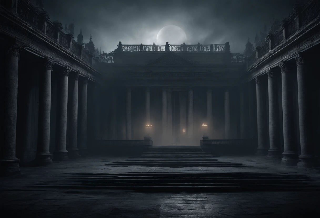 (nighttime scene), terror,  Pictures depicting hell, cursed soul, tall pillars，palace of versailles, fearsome, Temple，Heavy fog environment,  cel shadow, k hd, high high quality, Cinematic