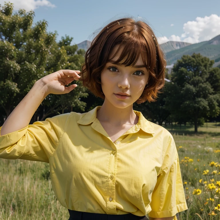 1girl, pretty face, cute face, 18 years old, red hair, short hair, hair curled at the end, bangs, hair very neat, green eyes, yellow shirt, bright yellow shirt, bright yellow button-down top, school girl brown skirt, school girl BREAK standing, open meadow, forest, mountains in background