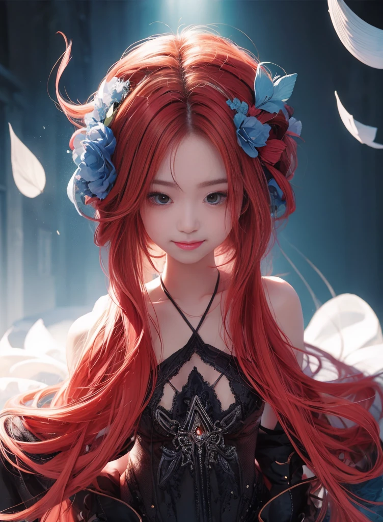 red hair and long hair,Nice face,blue and black bikini,Heterochromatic pupil,ssmile,apathy,比基尼,Full body photo,the soft light