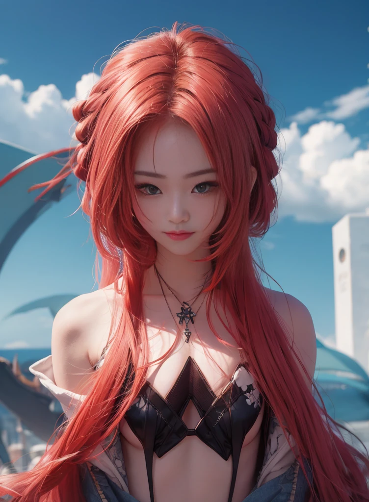 red hair and long hair,Nice face,blue and black bikini,Heterochromatic pupil,ssmile,apathy,比基尼,Full body photo,the soft light