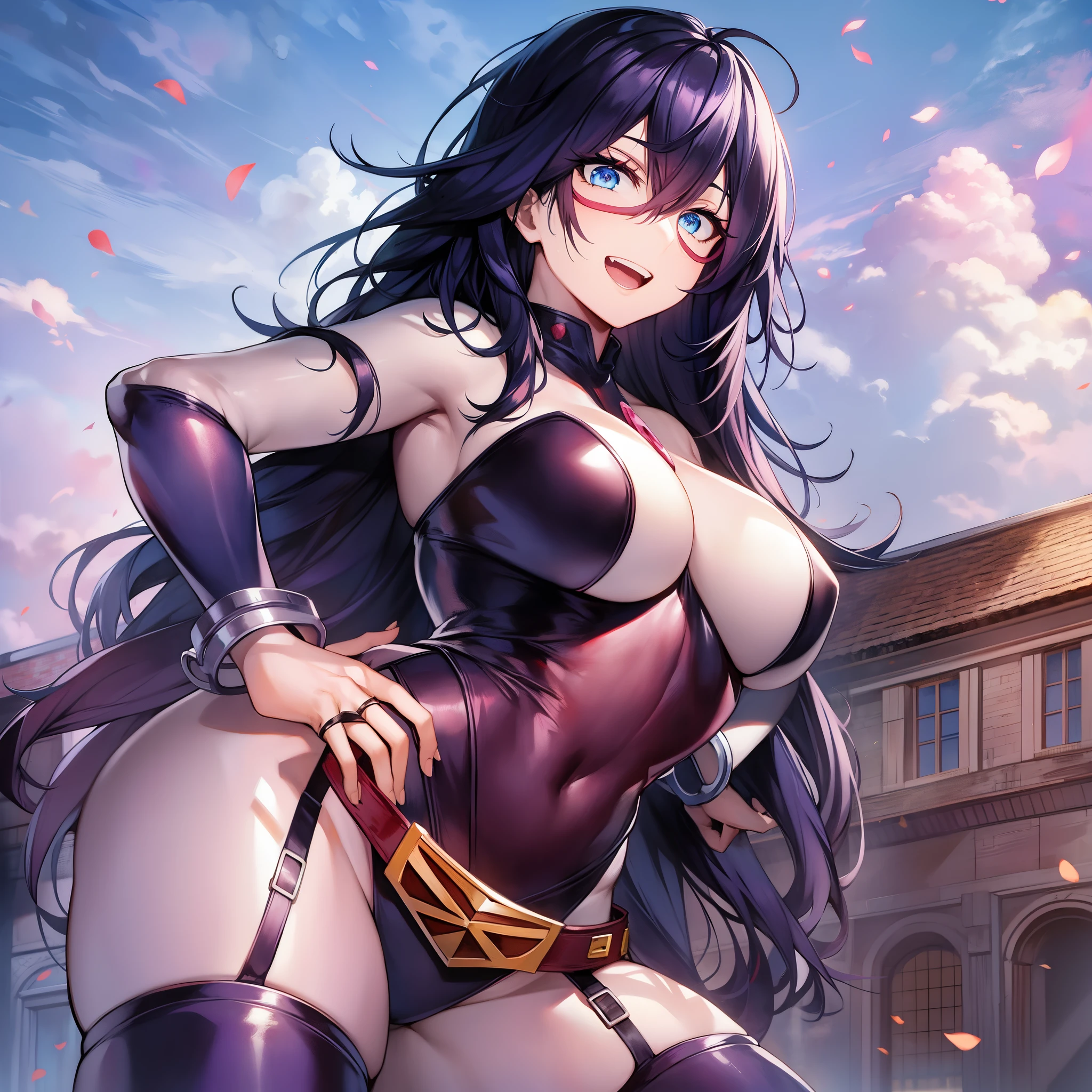 masutepiece, Best Quality, hight resolution, Midnight,pink fog、pink poison、 Black hair, hair between eye, Long hair, domino mask, Blue eyes, Bangs, Leotard, body suit, Skin Tight, Jewelry, Cuffed, Belt bag, purple thighhighs, garter strap, long boots, Superhero, Cowboy Shot, Looking at Viewer, Evil smile, Open mouth, Outdoors, day, Sunlight, Blue sky, Large breasts, put hands on the hip