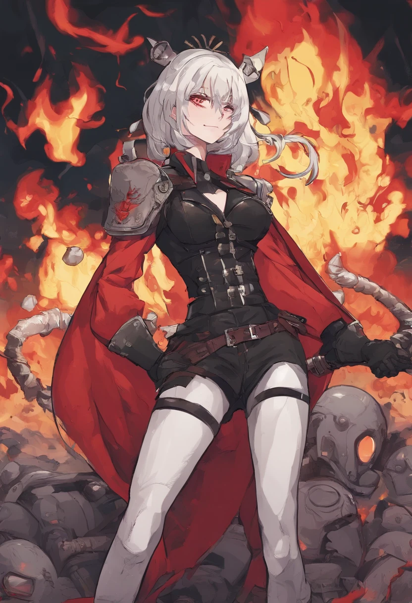 (absurd res, 8K, 4K, tmasterpiece, Ultra-extreme detail:1.2), Best quality at best, Expressive eyes, s the perfect face, 1个Giant Breast Girl, Alone, a matural female, Strong and tall,perfect anatomia, lux, looking at viewert,Silver hair(Red pick dye), Black military uniform(WWII German Army)(burned by flames),Black gas mask,Hang on the chest(Covering the German Army in World War I) Black leather trench coat(burned by flames),Black hairpin, long whitr hair, Princess cut,Qi bangs,red pupils(Black whites of the eyes),Elf ears(Extremely long),ear studs,Red lips,The whole body is wrapped in fire and burned,Permanent, Madness, brutal, unholy, Black leather boots, Plate horns(maximum), hell, Very wide open mouth,Maniacal smile, fang, Black leather gloves, Black leather boots,Black tights,Black and red sky, during night, Trench ruins background,explosion background