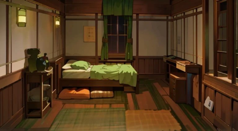 There is a bed in the room，Covered with a green blanket, Studio Ghibli's bedroom, Madhouse Studio anime style, dimly lit bedroom, I slept in sections last night, Anime background art, RPG style bedroom, in small room, Today’s recommended anime is still, Personal room background, random background scene, Anime, Quiet environment, someone sits in bed