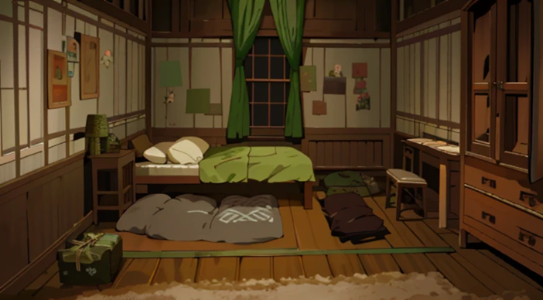 There is a bed in the room,Covered with a green blanket, Studio Ghibli's bedroom, Madhouse Studio anime style, dimly lit bedroom, I slept in sections last night, Anime background art, RPG style bedroom, in small room, Today’s recommended anime is still, Personal room background, random background scene, Anime, Quiet environment, someone sits in bed