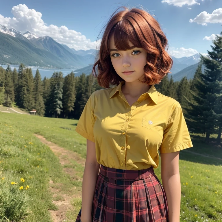 1girl, pretty face, cute face, 18 years old, red hair, short hair, hair curled at the end, bangs, hair very neat, green eyes, yellow shirt, bright yellow shirt, bright yellow button-down top, school girl brown skirt, school girl BREAK standing, open meadow, forest, mountains in background