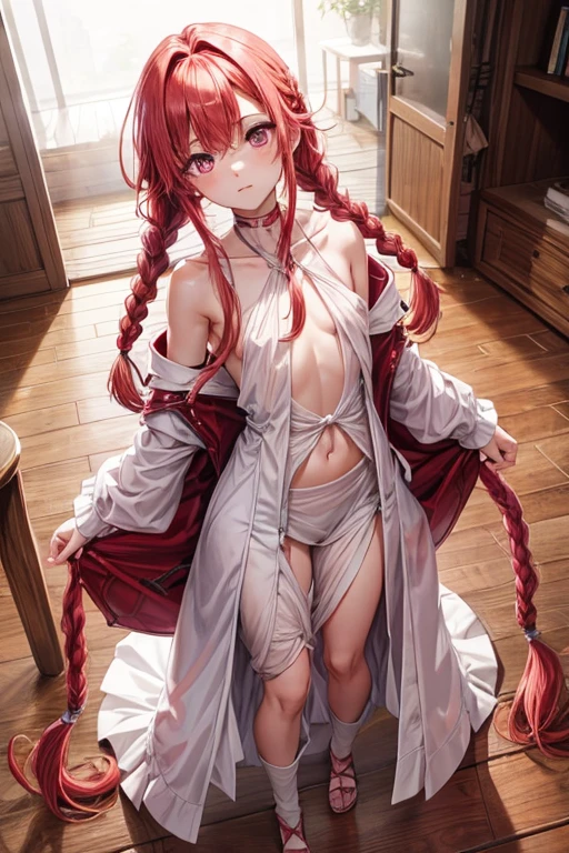 red hair, braids, pink eyes, small chest, naked