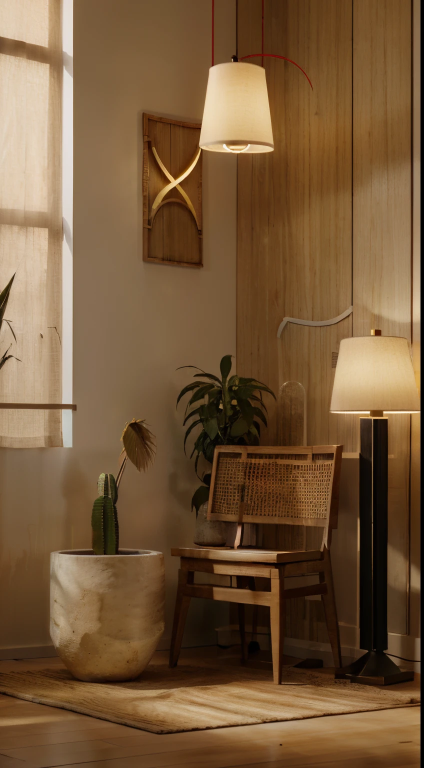 Award-winning professional architectural photography: Kitchen front interior photo，Live in modern European style luxury interiors，Double height spacious loft in New York City. materpiece: neuter, Balsa wood, bamboos, paper, linen, embrassed. lamplight: Artificial light source, The light from the back window is backlighted, Indirect light, wash the wall, warm lights. light fixtures: floor lamp, LED profiles. decor: Ikebana, high ceramic, Abstractionism, Large-leaved tropical plants, red wine，Red wine glasses. Color Palette: green shades, earth tones, com cores neutras. keyword: negative space, Hagrid, wabi-sabi, serene. the ultra-detailed