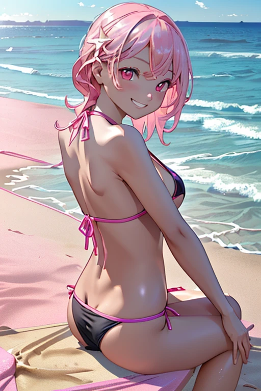 ((​masterpiece、top-quality:1.5、a high chroma:1.5、ultra-detailliert、high-resolution illustrations:1.5、Ultra-high-definition CG、8k size wallpaper、offcial art))、,(cute face:1.5)、(grin:1.3),
 ((Shining pink eyes:1.5))、((micro bikini :1.5)),(black:1.5),(erotic oil skin:1.5),(), ((large breasts:1.3))、
,(from Directly behind:1.5),(upper body:1.5)、(midsummer beach.:1.5)、((sitting on the beach and ((looking at the sea)):1.5)),((looking at the sea:1.5)),girl with,  masutepiece,