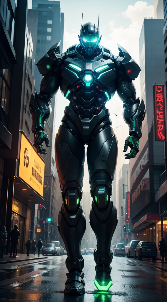 High quality image, hyper realistic, Image of a gigantic colossal cybernetically enhanced mech cyborg walking in city road, robotic, sleek cyborg body, mechanical head with a cool face shield, ongoing chaos around him, gigantic, walking, looking cool, super cool, cybernetic body, glowing core in his chest, glowing green eyes, lighting in his body, POV of a person, image shot by canon 5d mark iv,