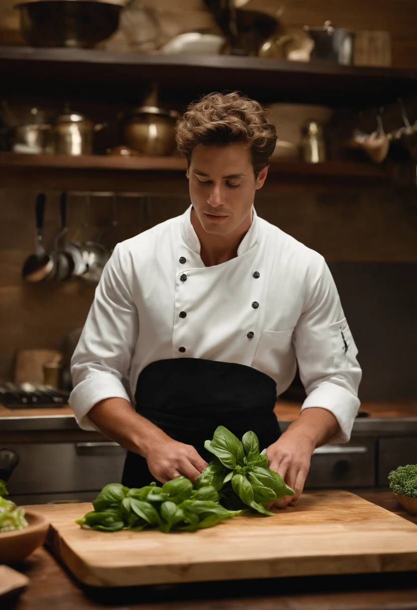 A photo of Carmy carefully arranging a selection of freshly picked basil leaves on a cutting board,The Bear,Carmen “Carmy” Berzatto, portrayed by actor Jeremy Allen White, is a young chef with a lean and agile build, reflecting his bustling energy in the kitchen. He has a rugged, somewhat weary appearance, with short, tousled dark hair and intense, expressive eyes that often convey the weight of his personal and professional pressures. Carmy’s typical attire in “The Bear” includes a white chef’s coat or a simple t-shirt., male