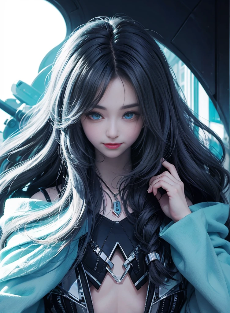 Bi-tone long hair,Nice face,blue and black bikini,Heterochromatic pupil,ssmile,apathy,比基尼,fully body photo,the soft light,Earphone