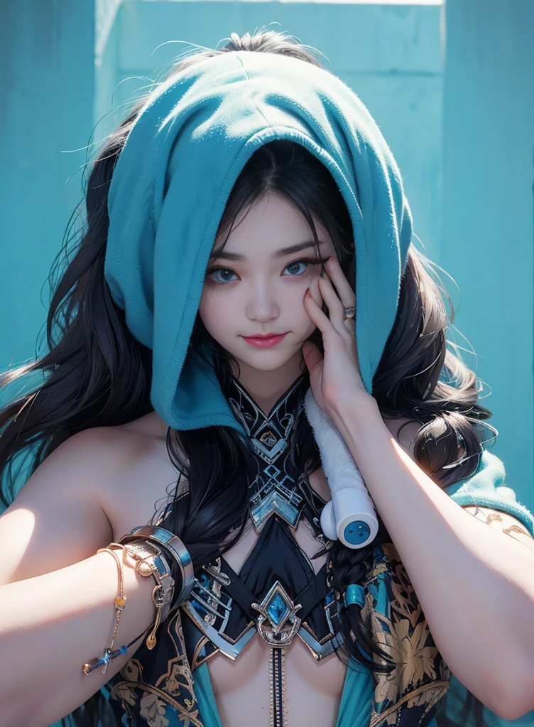 Bi-tone long hair,Nice face,blue and black bikini,Heterochromatic pupil,ssmile,apathy,比基尼,fully body photo,the soft light,Earphone