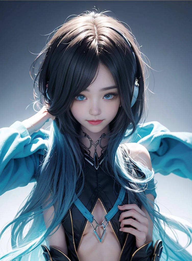 Bi-tone long hair，Nice face，blue and black bikini，Heterochromatic pupil，ssmile，apathy，比基尼，fully body photo，the soft light，Earphone