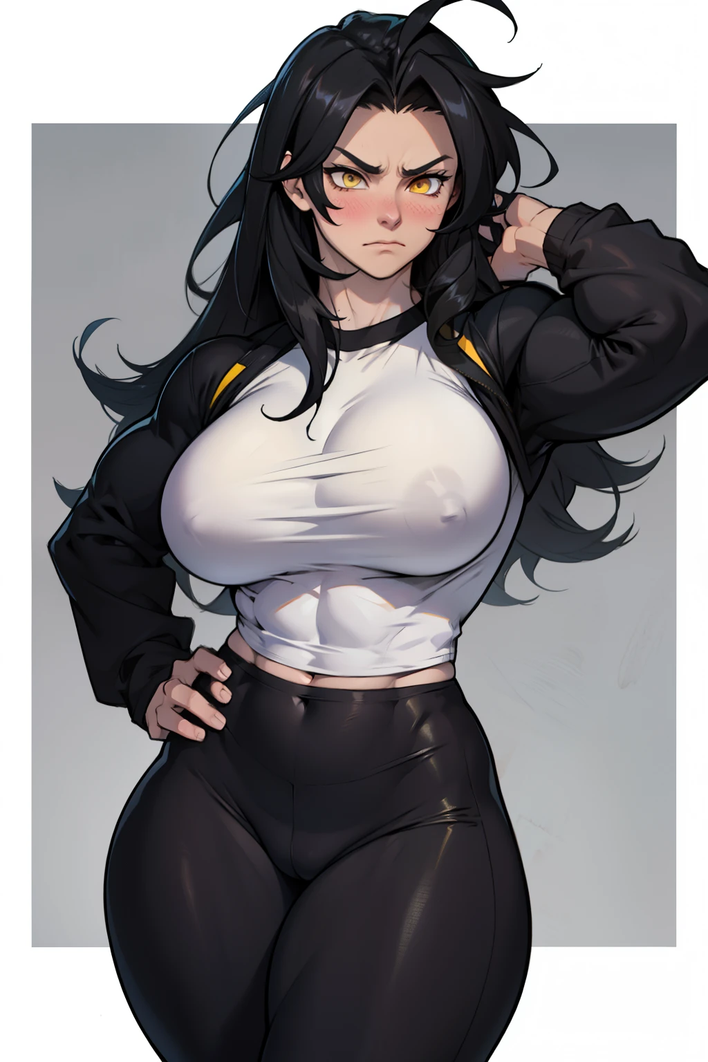 1girl solo black hair yellow eyes very long hair pale skin muscular muscular muscular muscular toned body huge muscles thick thighs girl tight clothes angry blushing messy hair leggings tight shirt long sleeves