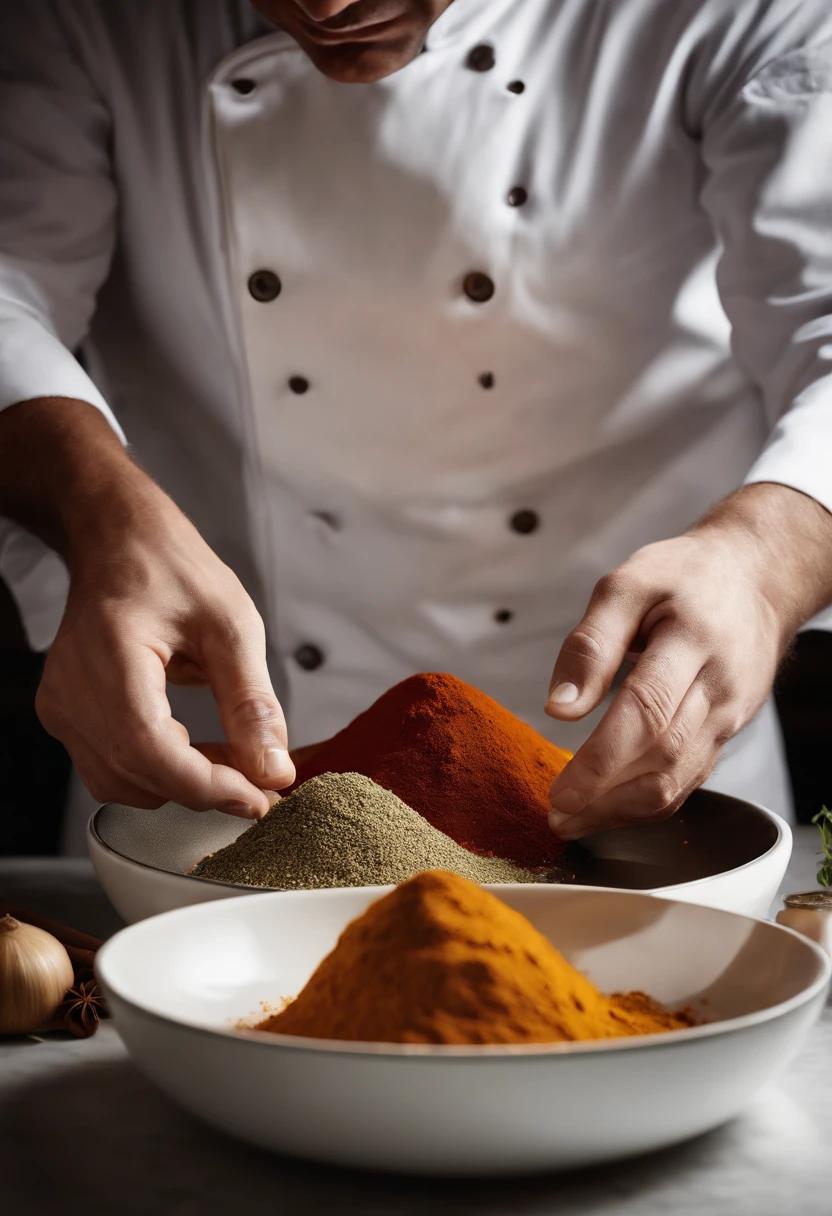 A close-up of FusionChef's hands skillfully mixing together the various spices and ingredients in a large bowl,original,Young white man wearing a chef coat, male