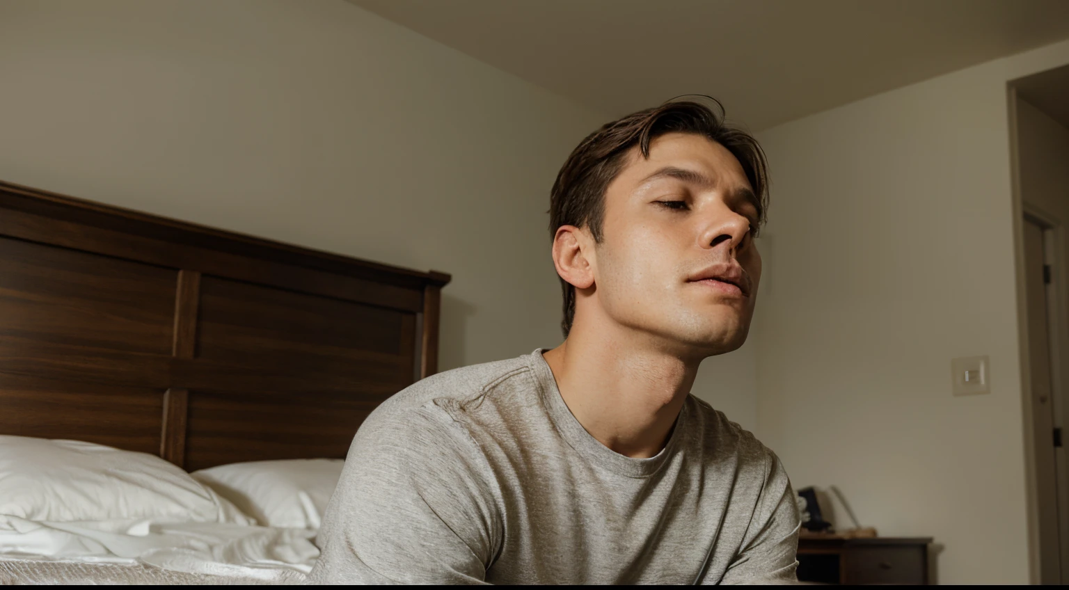 man on his knees
in the bedroom, looking up praying to God, with the angle facing the camera, with basic clothes, Bible on the side, face of suffering