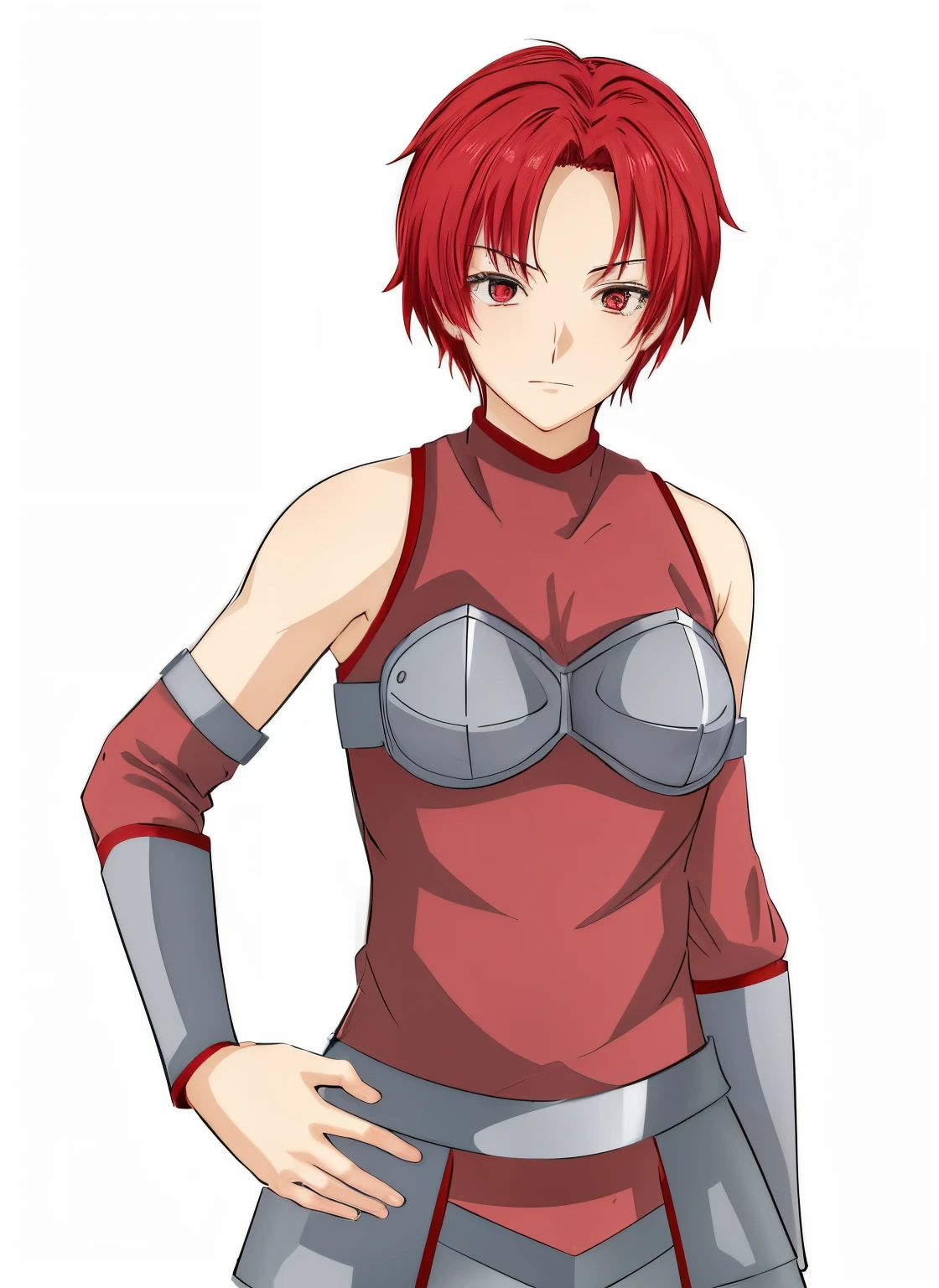 anime girl with red hair and a red top and silver armor, female anime character, anime style character, lady in red armor, anime fencer, female protagonist 👀 :8,