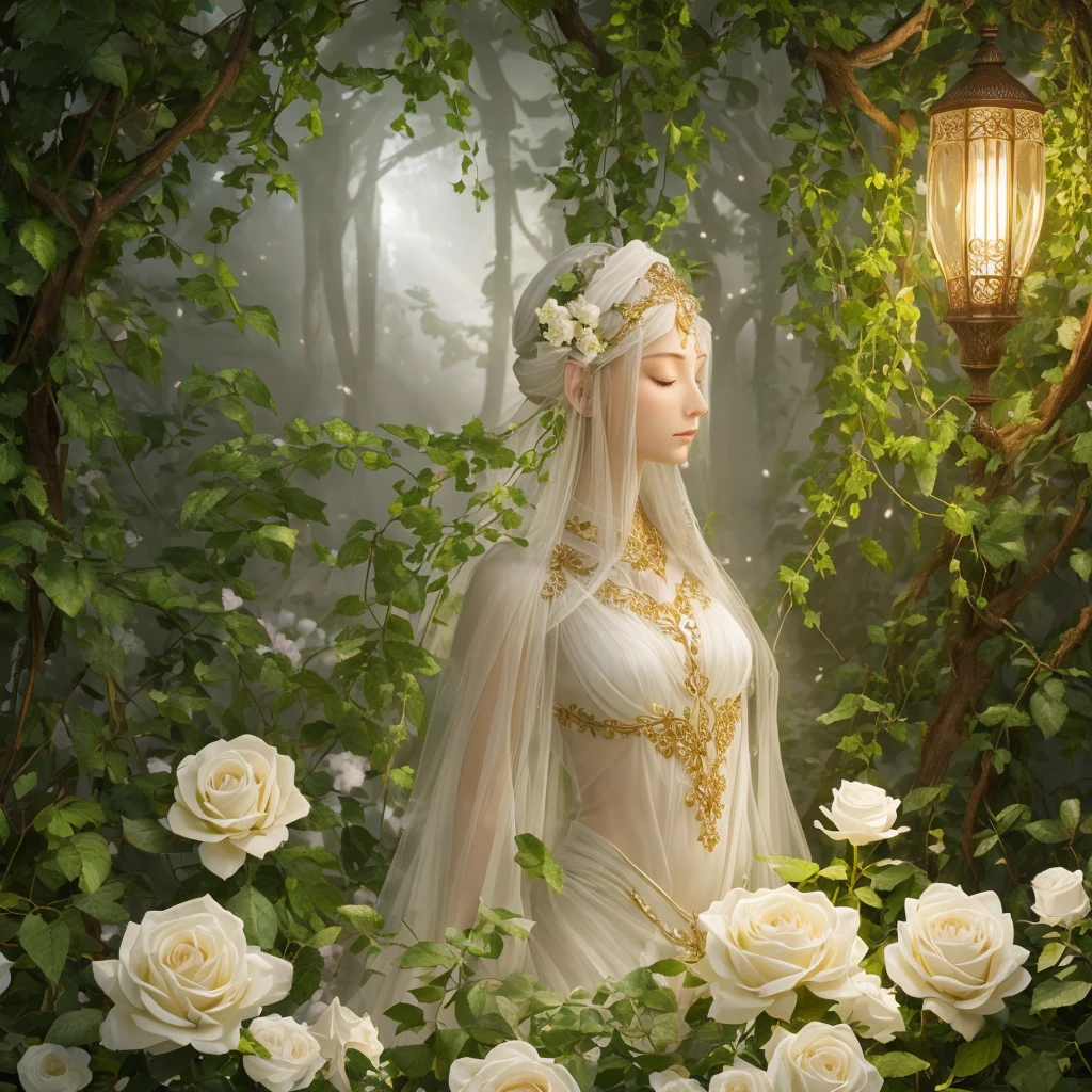 (Best quality,4K,8K,A high resolution,tmasterpiece:1.2),beautidful eyes,beautiful detailed lips,Extremely detailed eyes and face,Long eyelashes,（（a plant elf，Glowing and ethereal look，Extremely peaceful and beautiful,The body and surroundings are covered with white roses and dense vines,Plants cover face and body，Side view, Kneeling pose, Close your eyes and look up））, Exceptionally beautiful, A dreamy and radiant existence,lamplight, Plant theme, soft and warm lighting