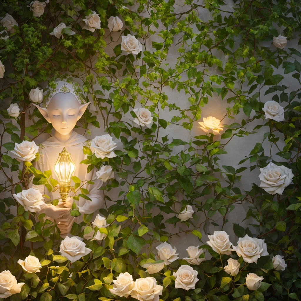 (Best quality,4K,8K,A high resolution,tmasterpiece:1.2),(((a plant elf,Glowing appearance,Extremely peaceful and beautiful,The body and surroundings are covered with white roses and dense vines,Plants cover face and body,Lateral face, Kneeling pose, With his eyes closed,raised head,massiness、complex clothing))), Exceptionally beautiful, A dreamy and radiant existence,lamplight, Plant theme, soft and warm lighting,Correct anatomy
