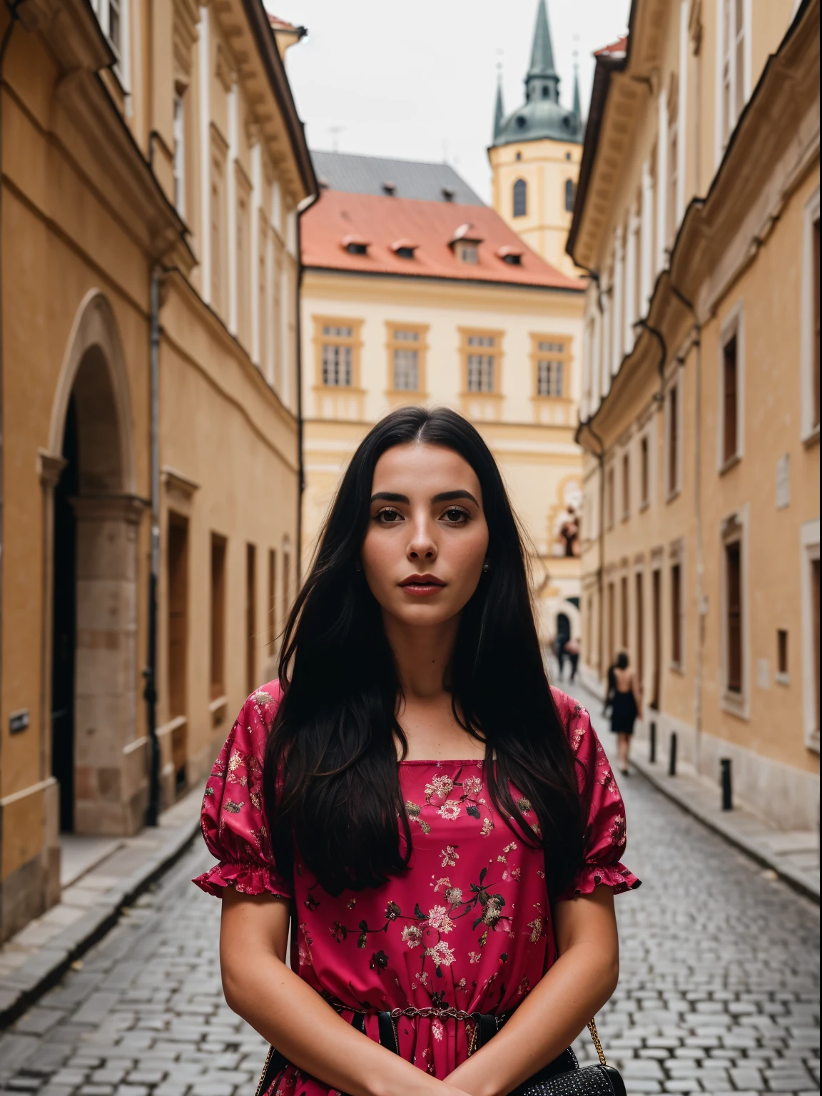 portrait of sks woman in Prague, at the Prague Castle, by Flora Borsi, style by Flora Borsi, bold, bright colours, ((Flora Borsi)), by Gregory Crewdson,