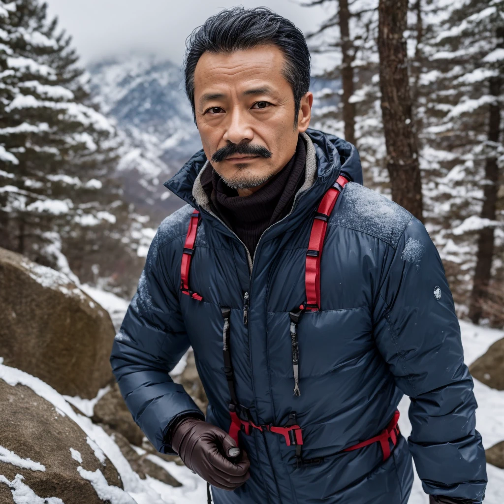 50 years old，Hidetoshi Nakata ，（Kogoro Mouri 1.3), A man in winter hiking gear, Winter hiking outfit, tong, mustache，little beard, masterpiece，4k hd, 8k hd