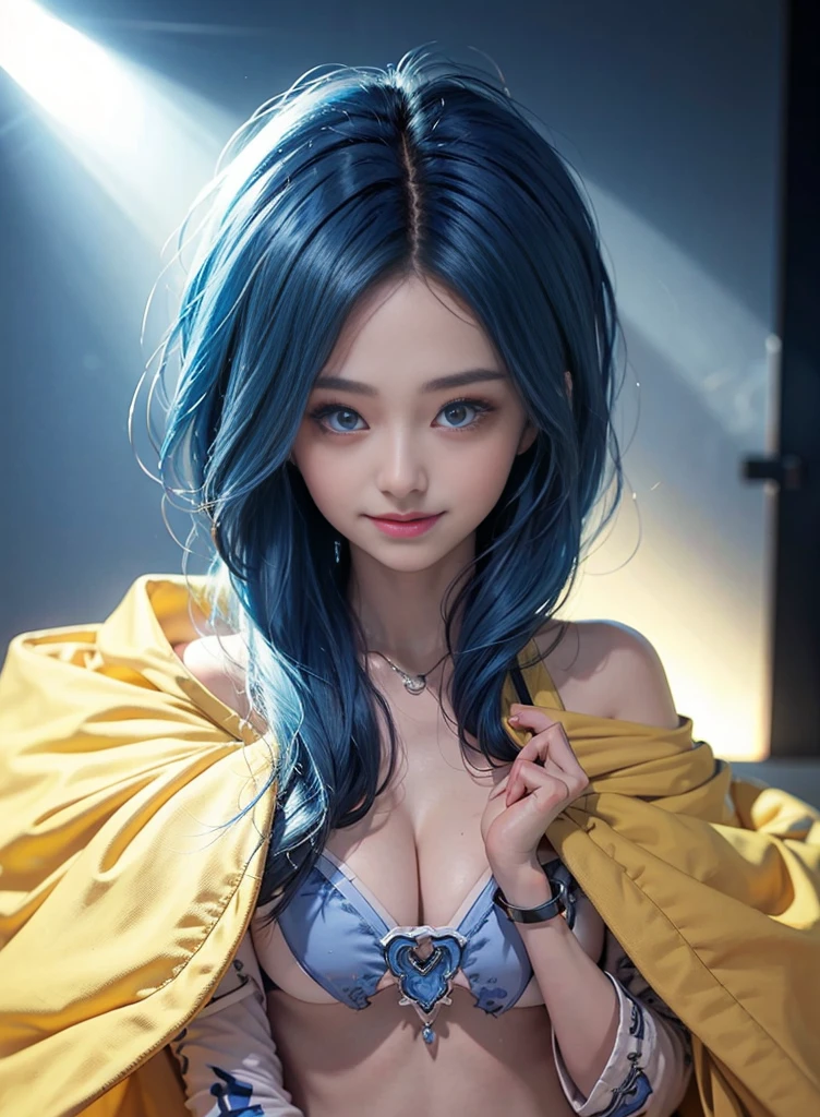 Blue hair,Nice face,Yellow Bikini,Heterochromatic pupil,ssmile,rays of sunshine,fully body photo,the soft light