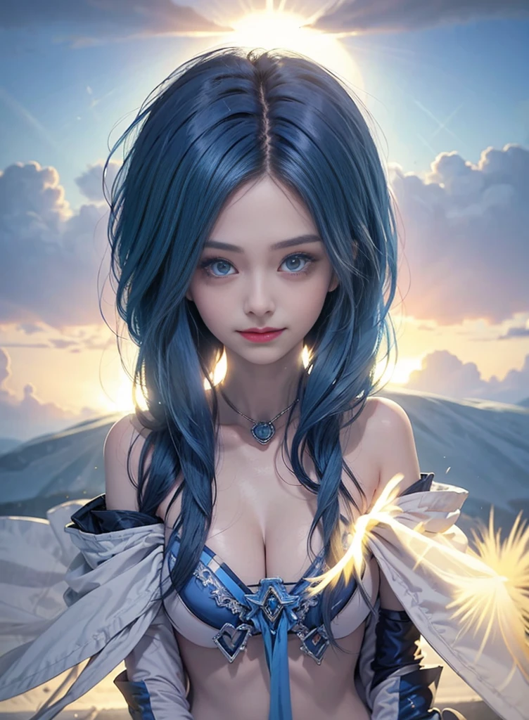 Blue hair,Nice face,Yellow Bikini,Heterochromatic pupil,ssmile,rays of sunshine,fully body photo,the soft light