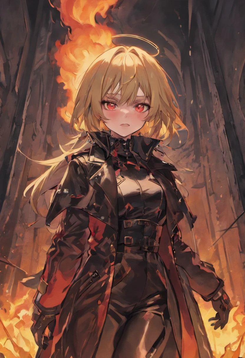 (absurd res, 8K, 4K, tmasterpiece, Ultra-extreme detail:1.2), Best quality at best, Expressive eyes, s the perfect face, 1个Giant Breast Girl, Alone, a matural female, Strong and tall,perfect anatomia, lux, looking at viewert,Silver hair(Red pick dye), Black military uniform(WWII German Army)(burned by flames),Black gas mask,Hang on the chest(Covering the German Army in World War I) Black leather trench coat(burned by flames),Black hairpin, long whitr hair, Princess cut,Qi bangs,red pupils(Black whites of the eyes),Elf ears(Extremely long),ear studs,Red lips,The whole body is wrapped in fire and burned,Permanent, Madness, brutal, unholy, Black leather boots, Plate horns(maximum), hell, Very wide open mouth,Maniacal smile, fang, Black leather gloves, Black leather boots,Black tights,Black and red sky, during night, Trench ruins background,explosion background
